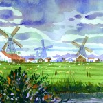 Lee Klingenberg, 
Greensburg<br>
<b>Zaanse Schaus Windmills</b><br>
Watercolor<br>
15" x 10"<br>
