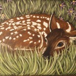 Julie Lowden Deer Friend Acrylic on old glass window 13.5”x9.5”