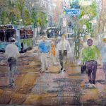 Eileen Sudzina, <b>Downtown Pittsburgh with Bus </b>Watercolor on yupo, 26 x 26