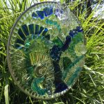 Cindy Mullen
 <b>Blues </b>
Recycled 3-Dimensional Glass on Glass Panel, 
15  round
