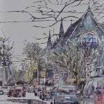 Eileen Sudzina
<b> Turn Left on 5th at Church </b>
Watercolor on yupo, 
20 x 26 
