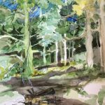 Susan Pollins<br><b>
Woodland Fire Pit</b><br>
Watercolor, 
21  x 14

