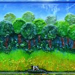 Kenneth Cutway<br><b>
Lolly Pop Trees and a Cow
in the Meadow</b><br>
Acrylic and resin, 
44 x 27
