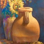 Sally Taylor<b><br>
Pottery and Sunflowers</b><br>
Pastel, 
23 x 19
