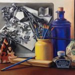 Marianne Fyda,
<B>Escher and Art Supplies, </B>
Pastel on mounted Art Paper, 
12.5 x 28
