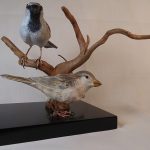 Dennis Nurkiewicz, 
<B>House Sparrows,</B> 
Woodcarving/acrylic, 
7.5 x 9
